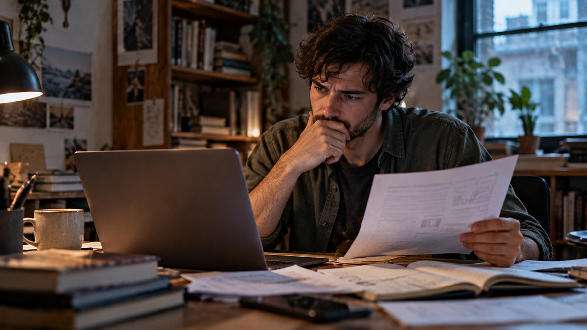 A man with dark hair sits at a desk with a laptop and papers, looking thoughtfully at the screen while holding a document.