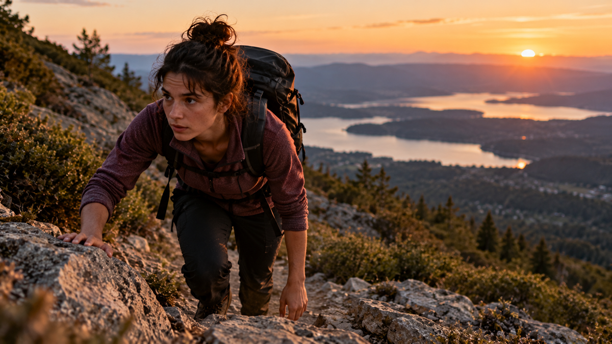 A hiker with a backpack climbs a rocky mountain path at sunset with a lake and valley in the background.