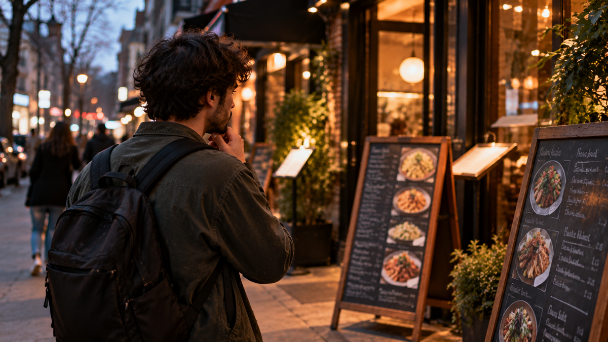 A person with a backpack stands on a sidewalk, looking at a restaurant menu board displayed on an easel outside.