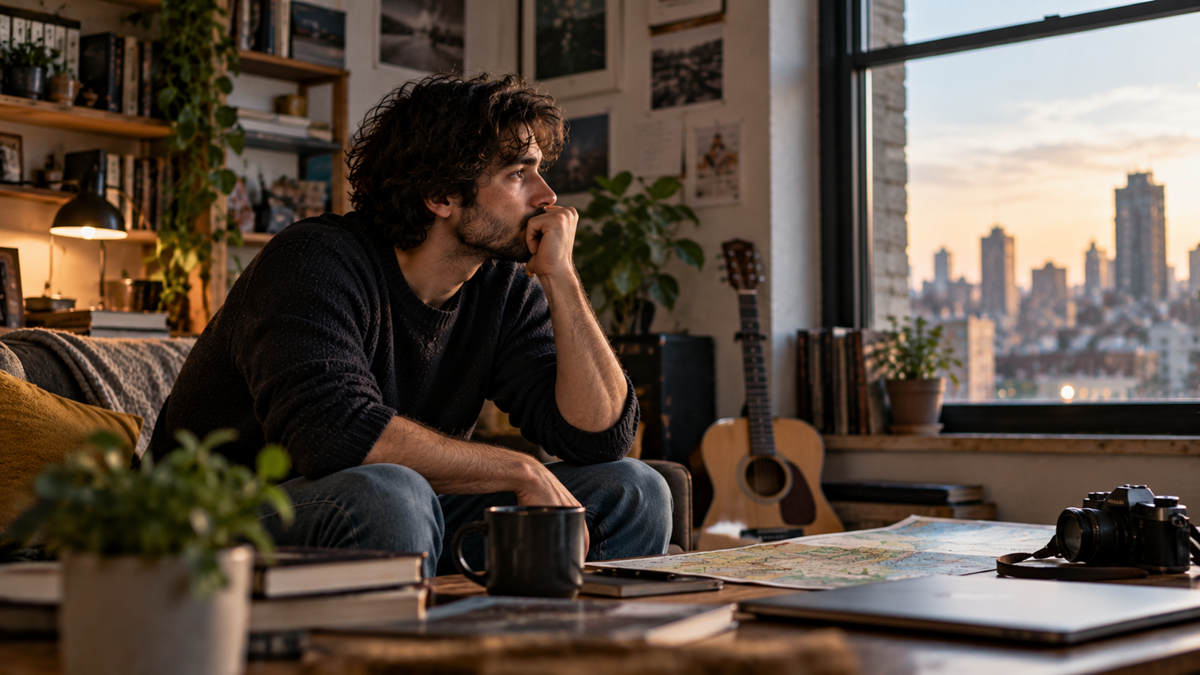 A young man with wavy hair rests his chin on his hand while looking out a large window at a city skyline at sunset.