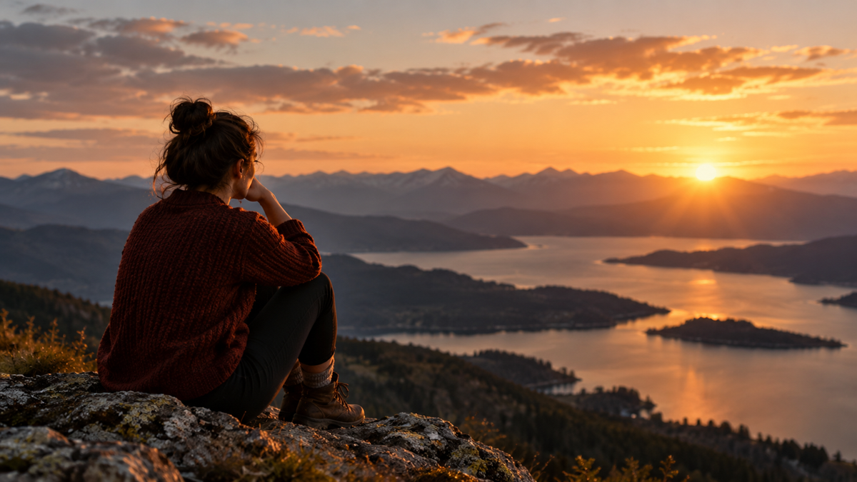 A person sits on a rocky cliff overlooking a lake and mountain range during a golden sunset.