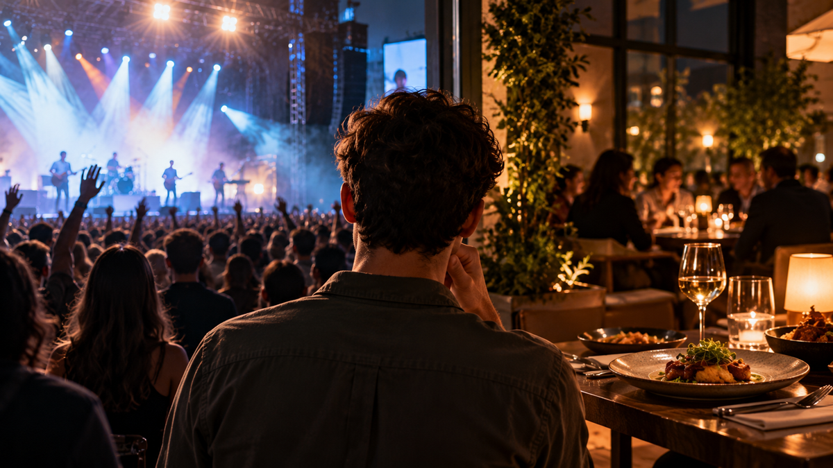 A person sits at a restaurant table with dinner and wine, looking out through large windows at a band performing on an outdoor stage.