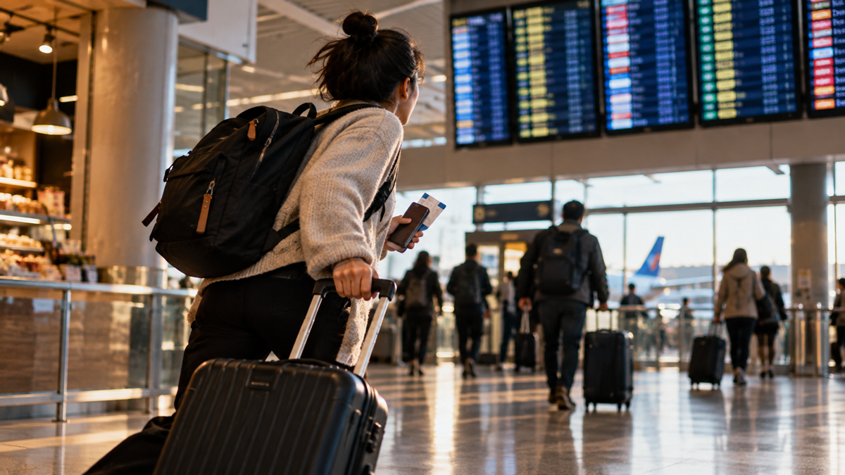 Budget travel facts. A traveler with a backpack and rolling suitcase walks through an airport terminal past a large flight information board toward the gates.