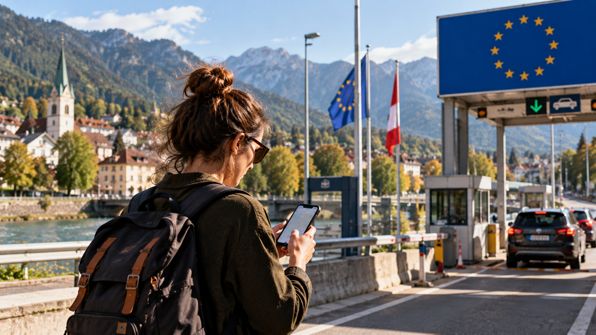 A traveler with a backpack checks a map on their phone while standing near a European border crossing with mountain scenery in the background.