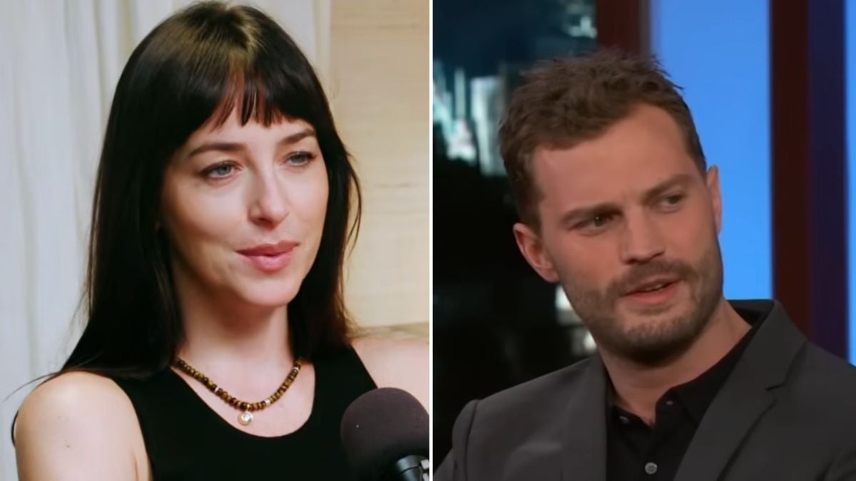 A split image shows a woman with dark hair and bangs wearing a black top and necklace on the left, and a man with short hair and a trimmed beard in a dark suit on the right.