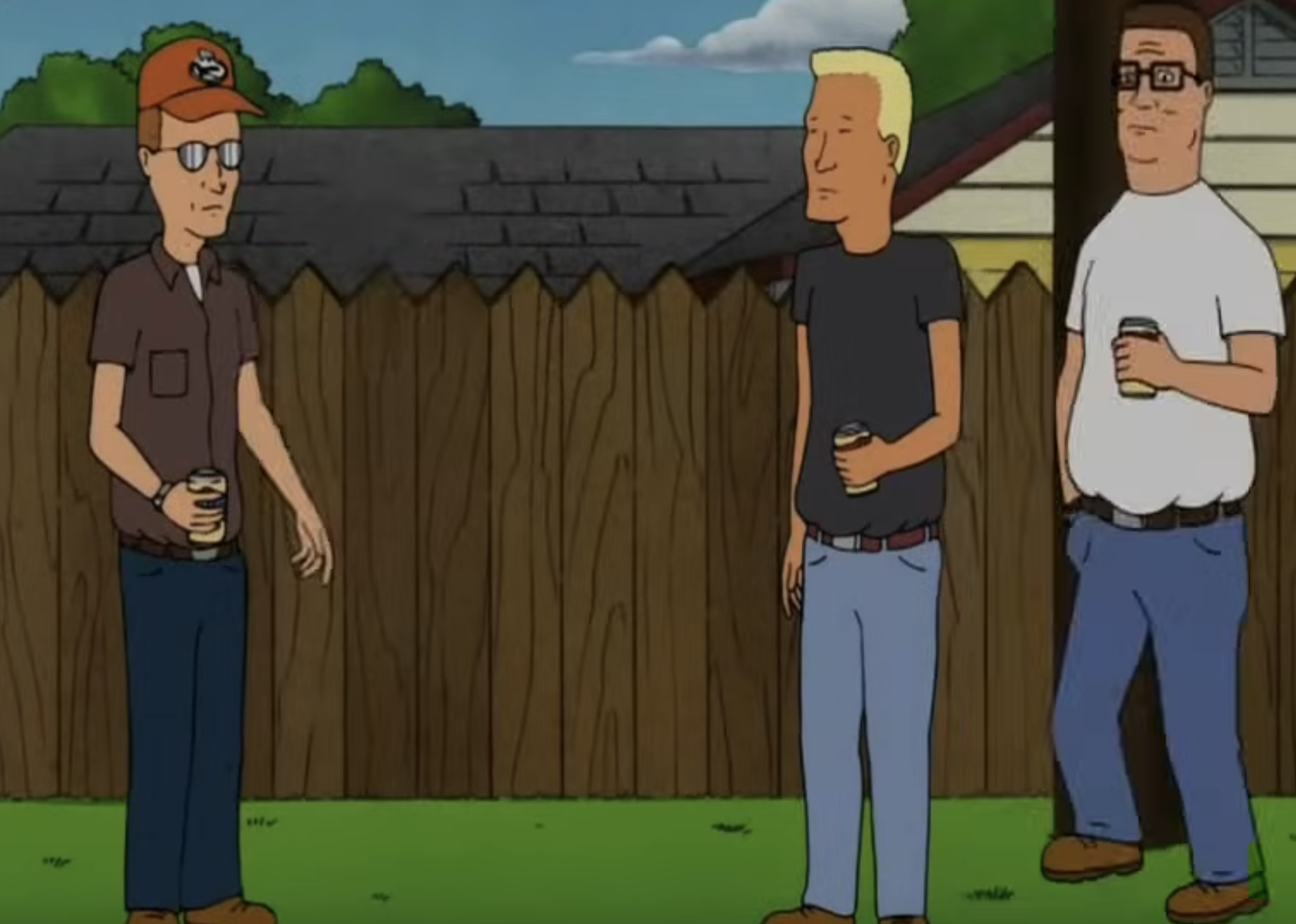 Dale, Bill, and Hank from King of the Hill standing in a backyard holding cans of beer.