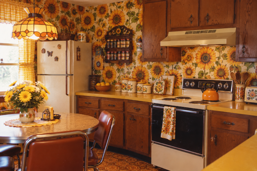Retro kitchen with sunflower wallpaper, wooden cabinets, white appliances, a sunflower-themed table centerpiece, and matching decorative canisters and towels. Yellow and orange tones create a warm, vintage atmosphere.