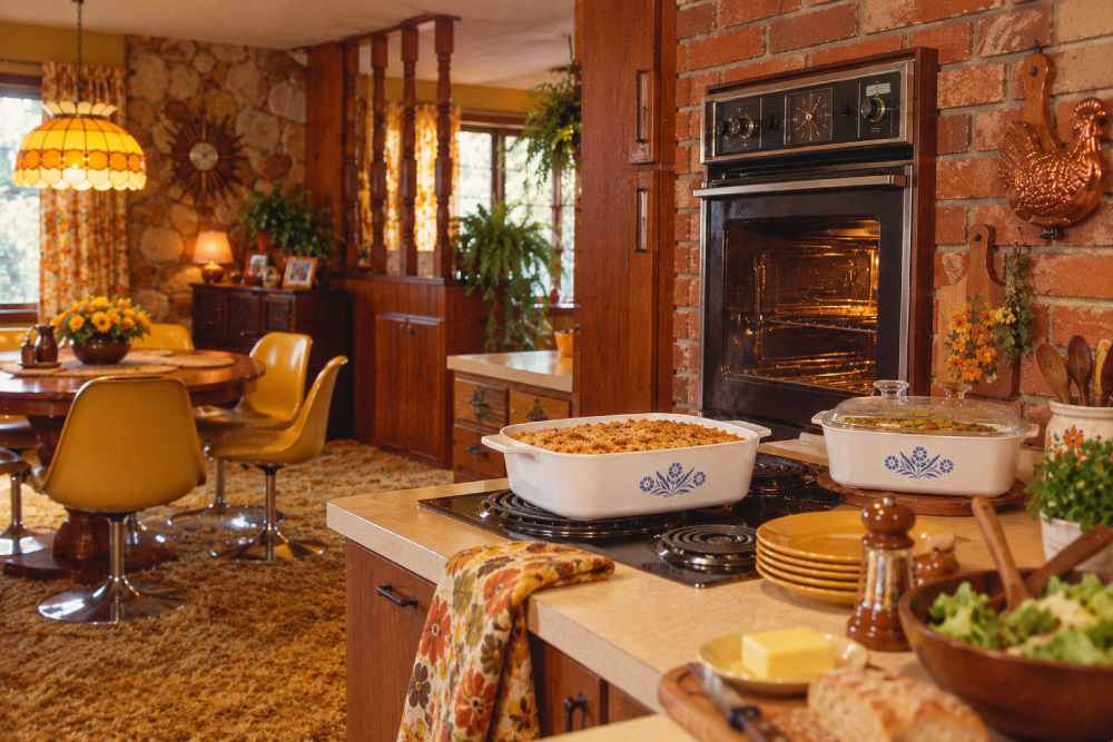 A cozy, retro 1970s kitchen with wood cabinets, brick walls, a gold oven, floral dishes, and a dining area with yellow chairs and a hanging lamp. Casserole dishes and butter sit on the counter.