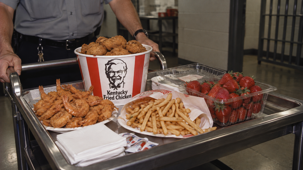 A person pushing a metal cart filled with a bucket of fried chicken, a plate of fried shrimp, a plate of french fries, and a container of strawberries.