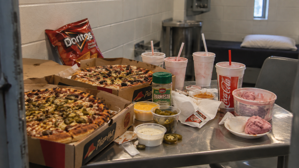 Two large Pizza Hut pizzas, a bag of Doritos, multiple cups of soda, dipping sauces, and a bowl of ice cream on a metal table.