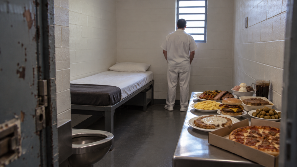 A person in white prison clothing stands facing a barred window in a cell, next to a metal table covered with a large feast of various foods.