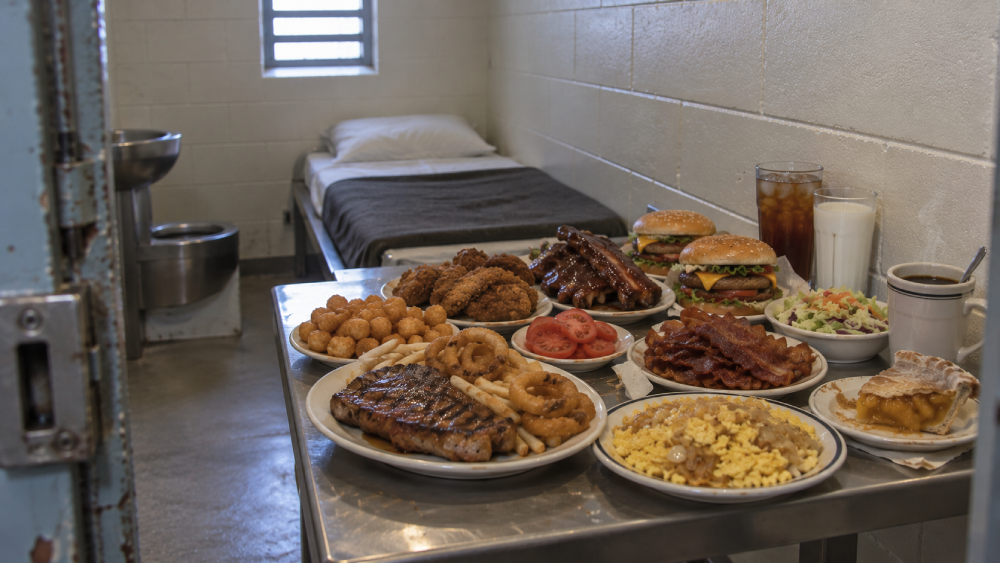 A metal table in a prison cell covered with a large feast including steak, onion rings, fried chicken, ribs, two cheeseburgers, bacon, eggs, a salad, pie, and drinks.
