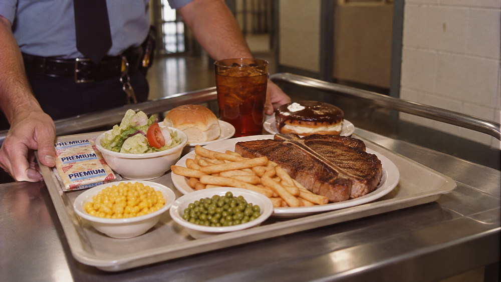 A prison guard holds a cafeteria tray with a large steak, french fries, salad, corn, peas, a dinner roll, a glass of iced tea, two packets of crackers, and a frosted donut.