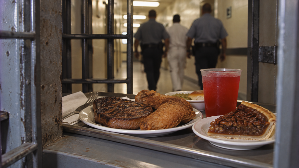 A prison food tray sits in the foreground with a steak, fried chicken, a red drink, and a slice of pecan pie, while three people walk down a hallway in the background viewed through prison bars.