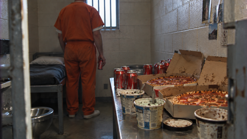 An inmate in orange prison scrubs stands in a cell facing a table covered with pizza boxes, soda cans, and containers of ice cream.