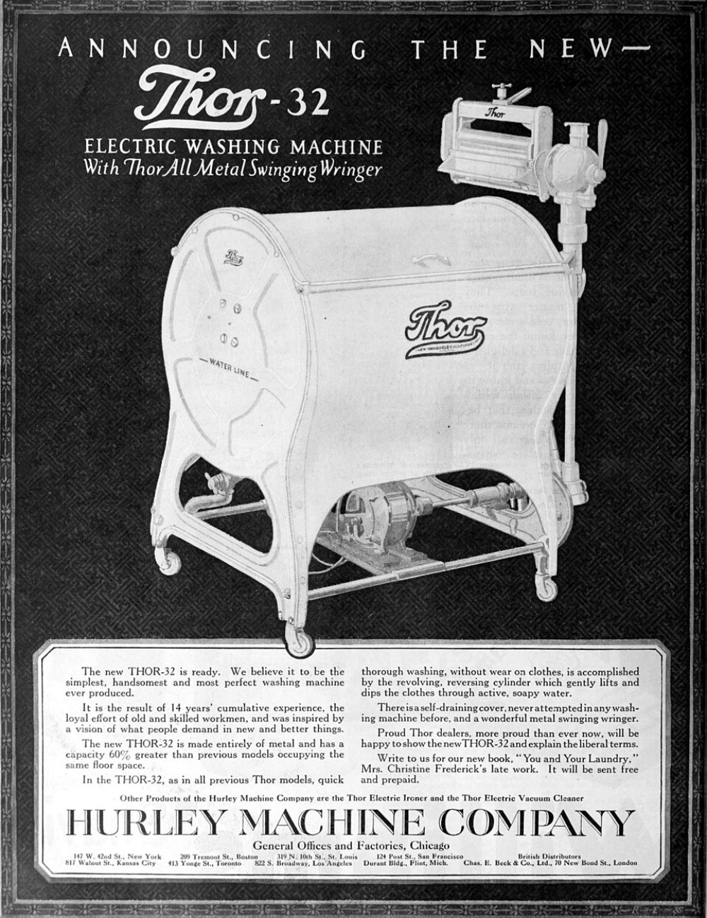 Vintage advertisement for the Thor-32 electric washing machine with a swinging wringer, featuring promotional text and contact information for the Hurley Machine Company.