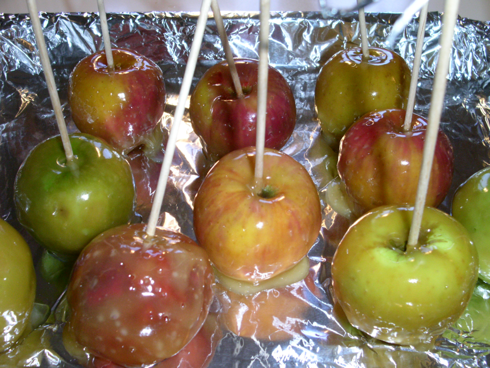 A collection of caramel-coated apples on sticks resting on a foil-lined tray.