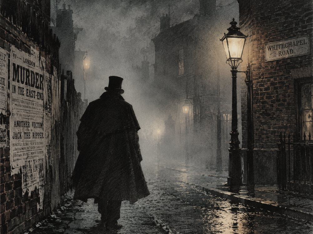 A silhouette in a top hat and long coat walks down a fog-covered, cobblestone street in Whitechapel, past a wall plastered with a poster about Jack the Ripper.