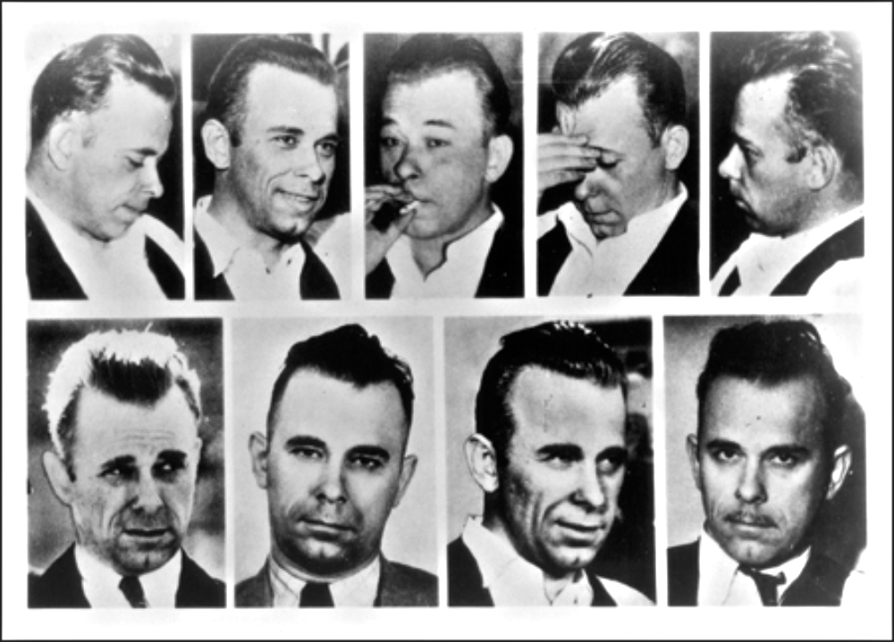 A composite of nine black-and-white photographs showing John Dillinger in various poses and facial expressions.