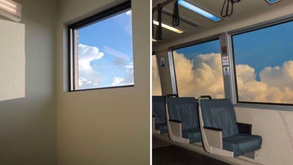 Split image showing a square window framing a blue sky with clouds on the left, and a train interior with a window framing a dense sky of clouds on the right.