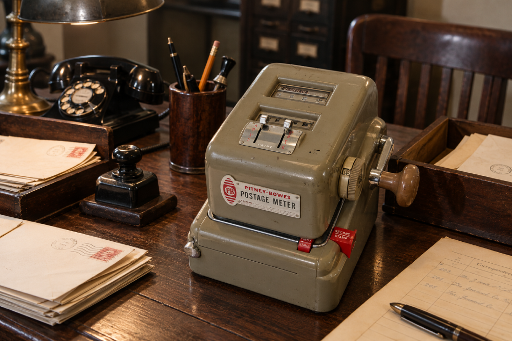 Vintage Pitney-Bowes postage meter on a wooden desk surrounded by envelopes, a rotary telephone, and writing supplies.