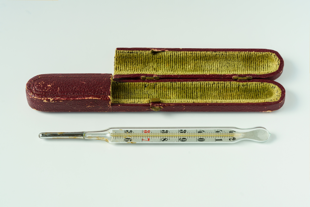 A glass clinical thermometer lying in front of its open, velvet-lined carrying case.