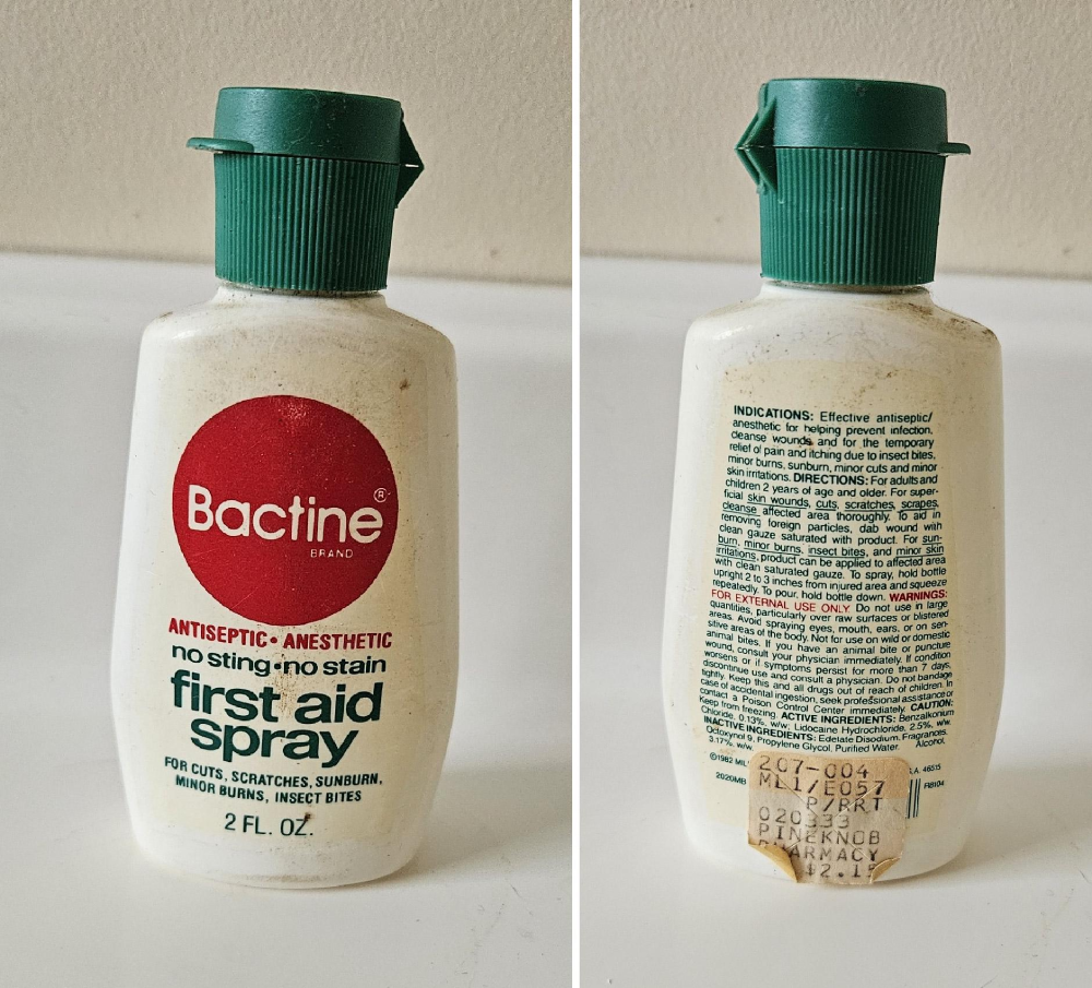Front and back views of a Bactine first aid spray bottle, showing the brand name and product information on the front and usage instructions and warnings on the back.