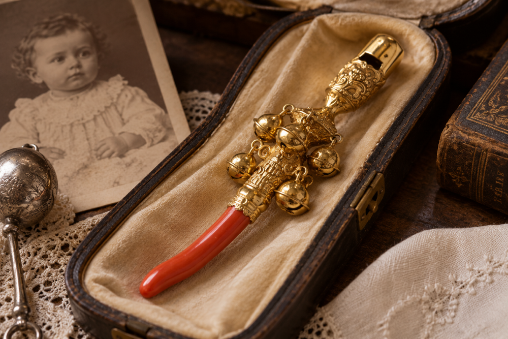 An antique gold baby rattle with attached bells and a red coral teething tip, resting in an open velvet-lined case next to a vintage photograph of a baby.