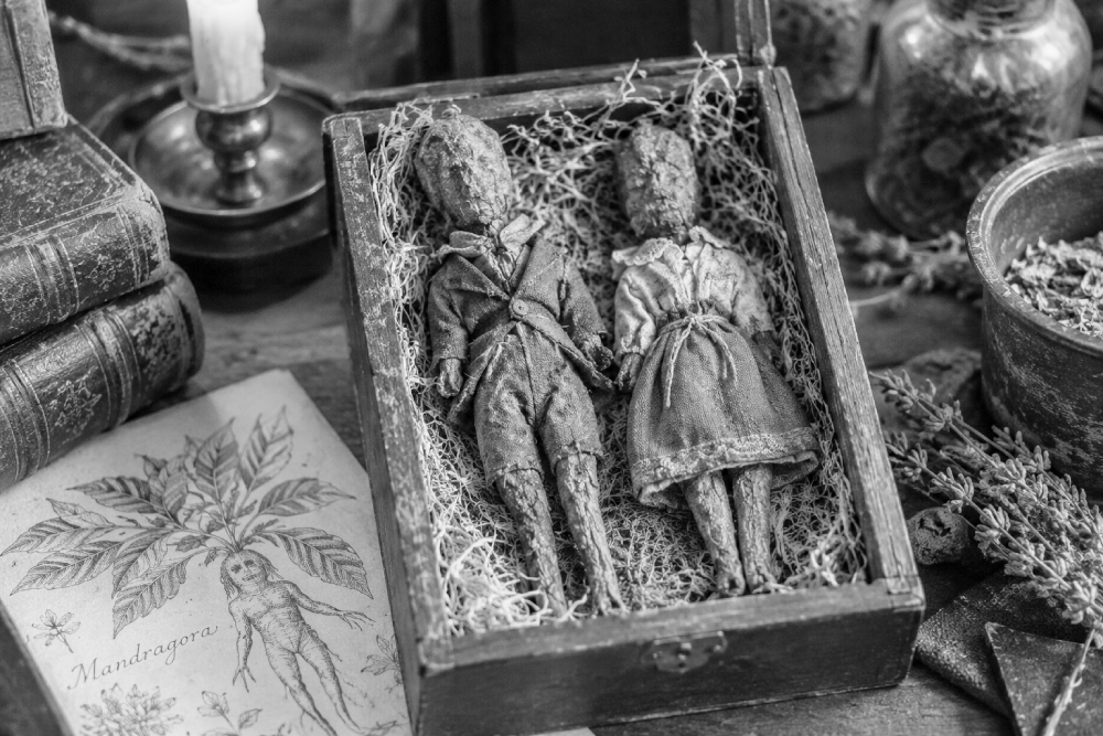 Two handcrafted dolls dressed in vintage clothing lie inside a small wooden box filled with straw, next to a botanical illustration of a mandragora.