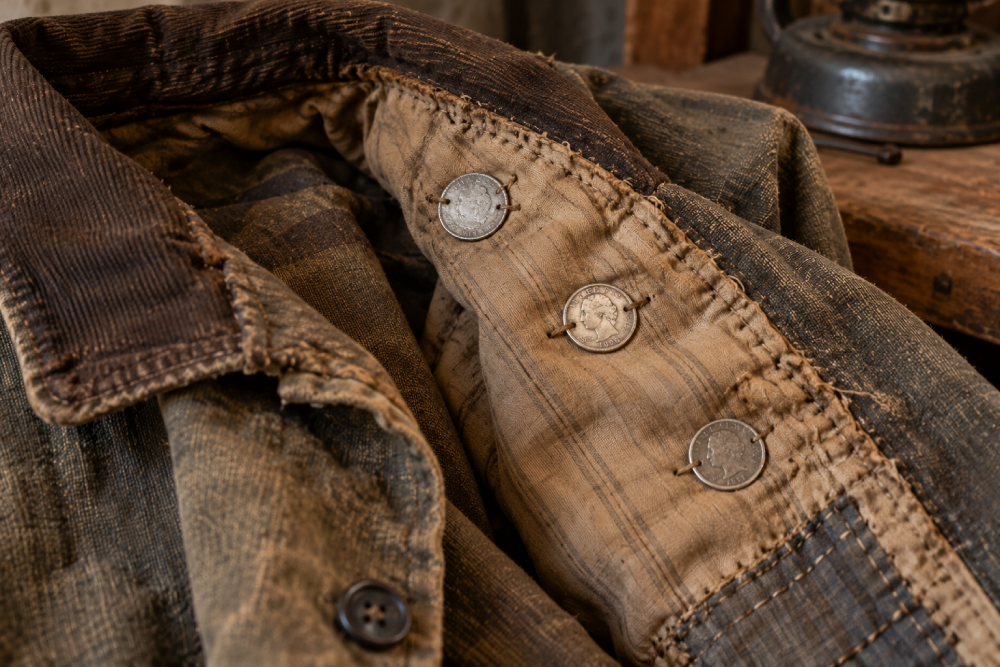 Close-up of a weathered, dark-colored jacket where three vintage silver coins serve as buttons along the front closure.