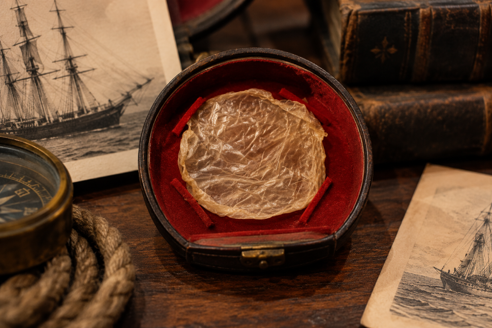 A thin, translucent, circular membrane displayed in a red-lined vintage case, surrounded by antique books, nautical prints, and a compass on a wooden surface.