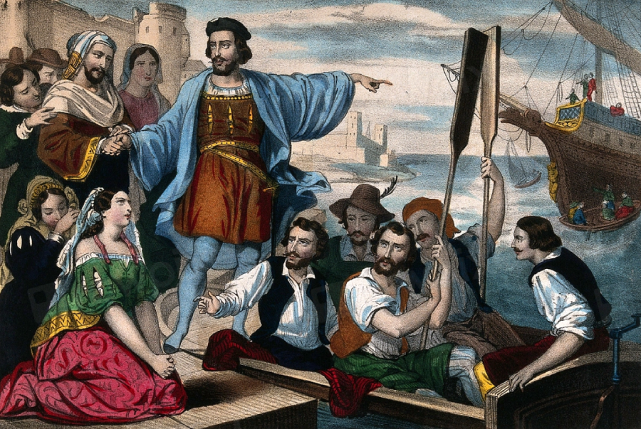 A group of people in historical clothing prepare to board a wooden ship at a harbor, with a man in blue and red pointing towards the sea while others watch or sit near the dock.