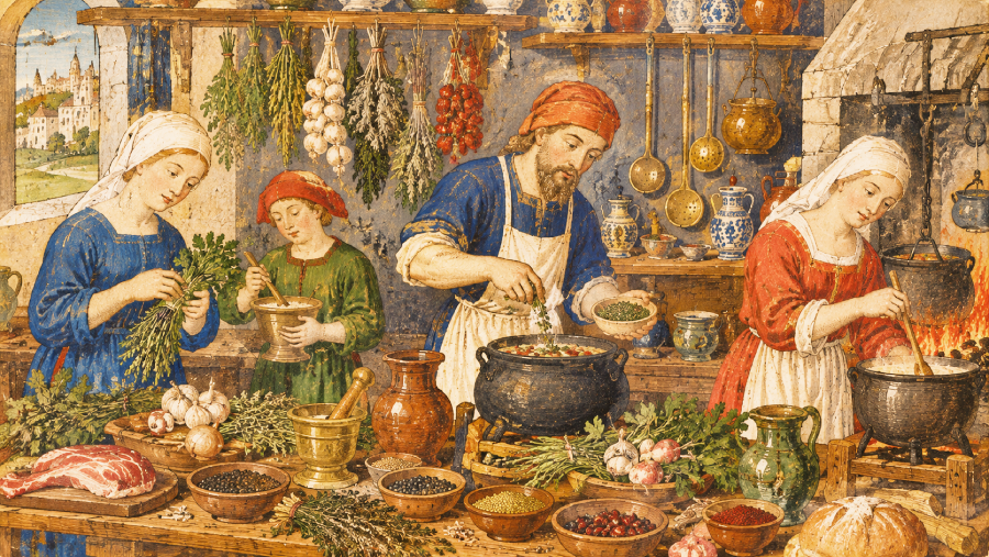 Three people in medieval clothing prepare food in a rustic kitchen filled with herbs, vegetables, pots, and spices. Shelves behind them hold jars, plates, and kitchenware. A window reveals a village outside.