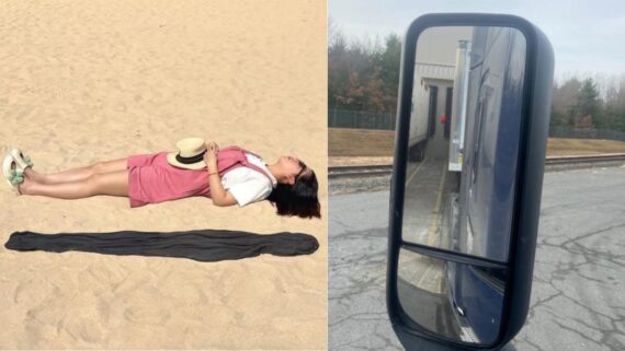 A split image showing a person lying on a sandy beach on the left and a truck side mirror reflecting a loading dock on the right.