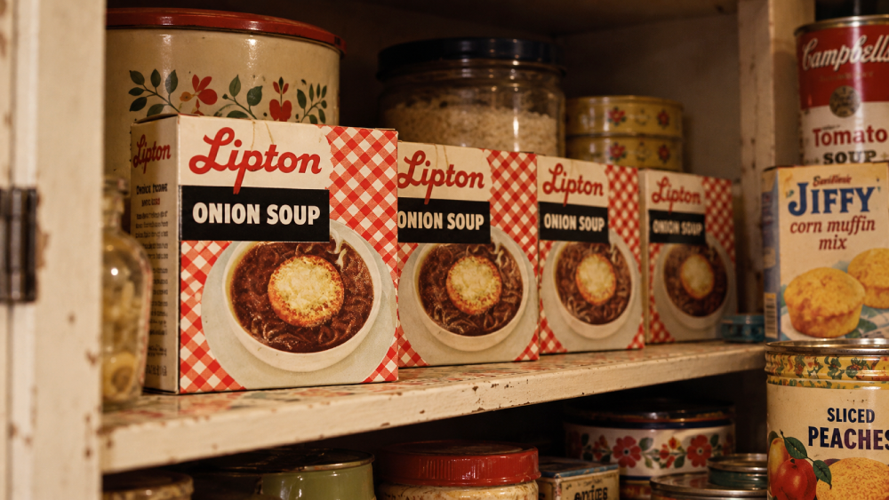 Four boxes of Lipton onion soup mix lined up on a pantry shelf next to canned goods.