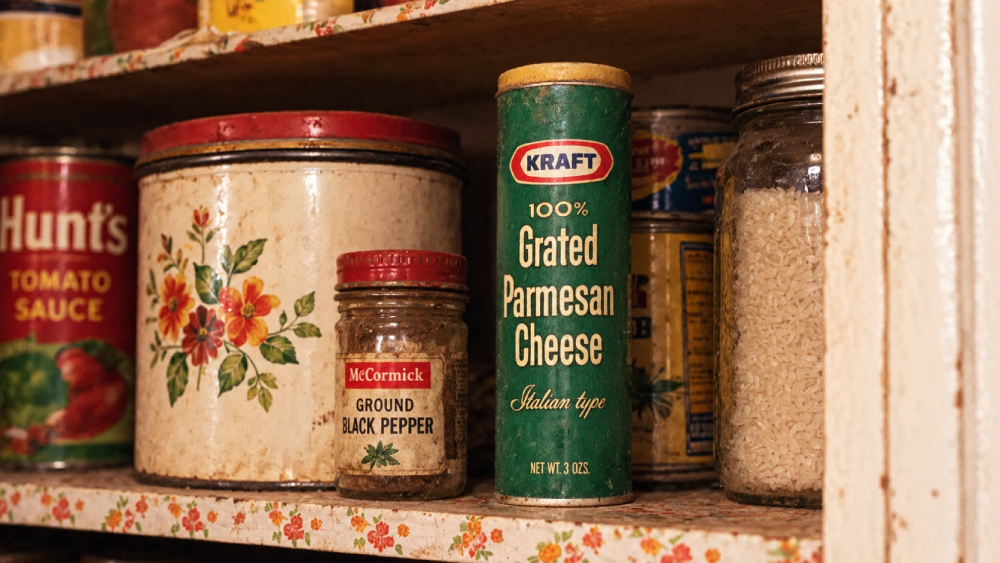 Pantry shelf with a can of Hunt’s tomato sauce, a McCormick black pepper jar, a green Kraft grated parmesan cheese container, and a glass jar of rice.