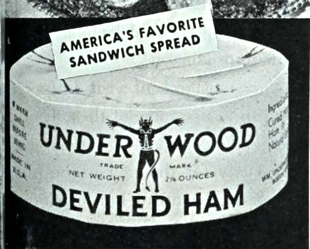 A round can of Underwood Deviled Ham featuring a logo of a standing devil figure and a label that reads “America’s Favorite Sandwich Spread.”