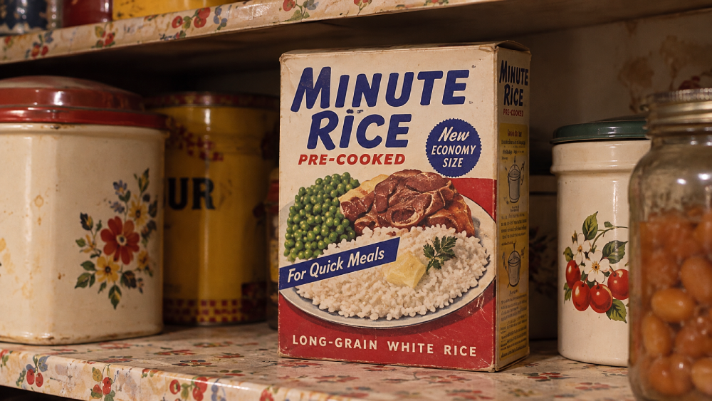 A box of Minute Rice featuring an image of rice with peas and meat on a pantry shelf next to various kitchen canisters.