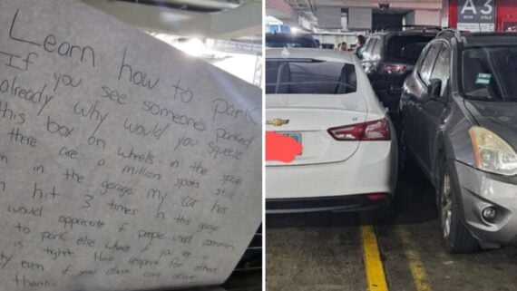 A hand-written note complaining about bad parking next to a photo of a white car parked extremely close to another vehicle in a parking garage.
