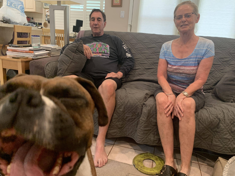 A man and woman sit on a sofa behind a boxer dog that is facing the camera with its mouth wide open.