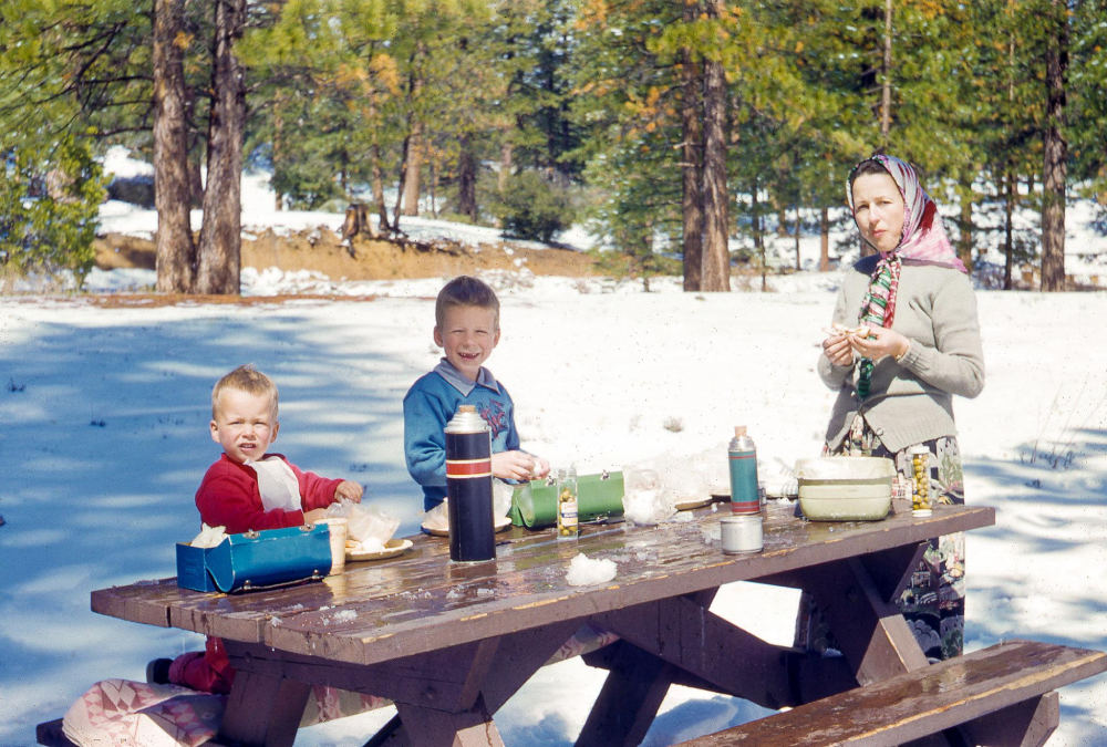A woman and two young boys sit at a picnic table in a snowy, wooded area, preparing a meal with thermoses and food containers.
