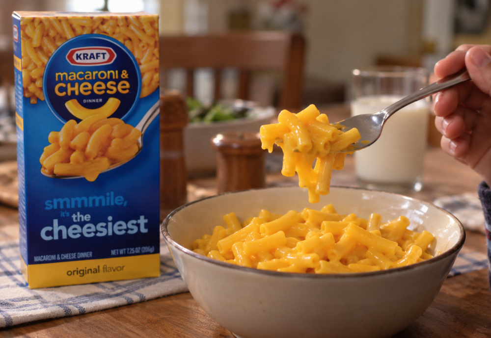 A box of Kraft Macaroni & Cheese next to a bowl of the prepared pasta, with a fork lifting a portion of the noodles.