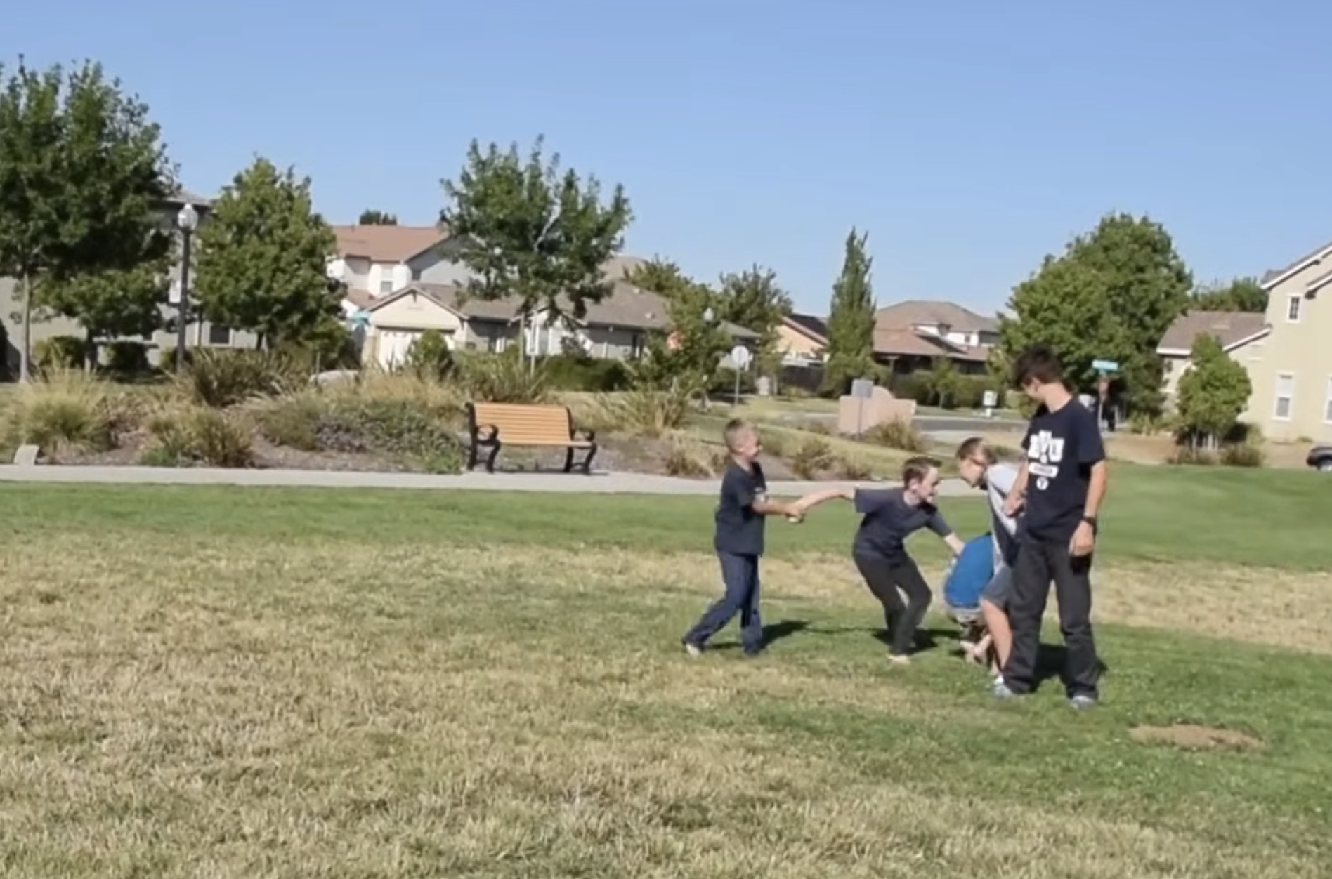 A group of boys playing and tumbling together on a grassy park lawn.