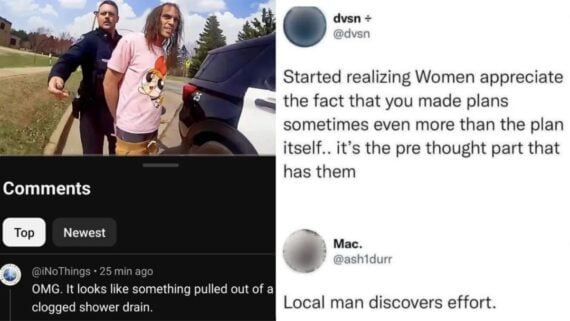 A split image showing a police officer arresting a man in a Powerpuff Girls t-shirt on the left, and a Twitter exchange on the right where a user praises planning, and another replies, “Local man discovers effort.”