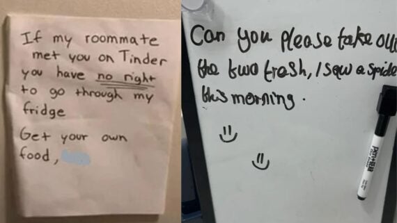 Two notes: one handwritten on paper warning a roommate’s Tinder date not to eat their food, and one written on a whiteboard asking to take out the trash because of a spider.