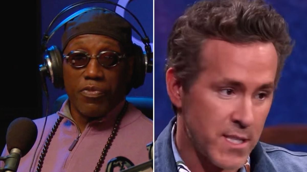 Split image: Left shows a man in sunglasses, headphones, beanie, and pink jacket speaking into a microphone. Right shows a man with short curly brown hair and a blue jacket, speaking on stage.