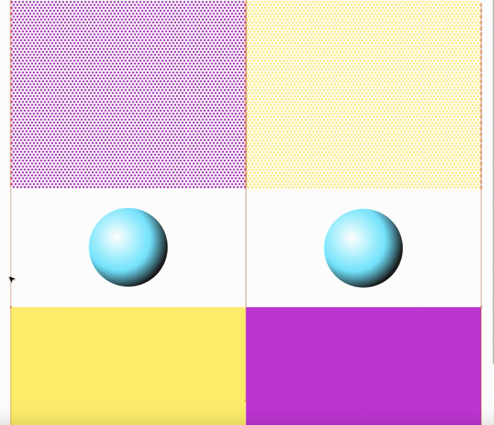 A grid of four rectangular panels featuring yellow and purple dotted backgrounds, with a light blue sphere centered in each of the two middle white horizontal bands.