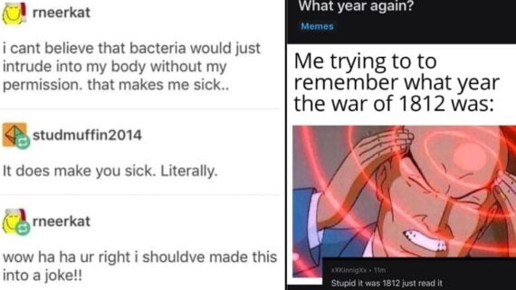 A two-panel meme featuring a social media thread about bacteria making someone sick on the left, and a captioned image of Professor X holding his head in frustration on the right, captioned “Me trying to to remember what year the war of 1812 was.”