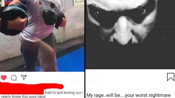 Two side-by-side social media posts: one shows a person in boxing gloves with text about quitting, and the other shows a close-up of a man’s face with the caption, “My rage..will be....your worst nightmare.”