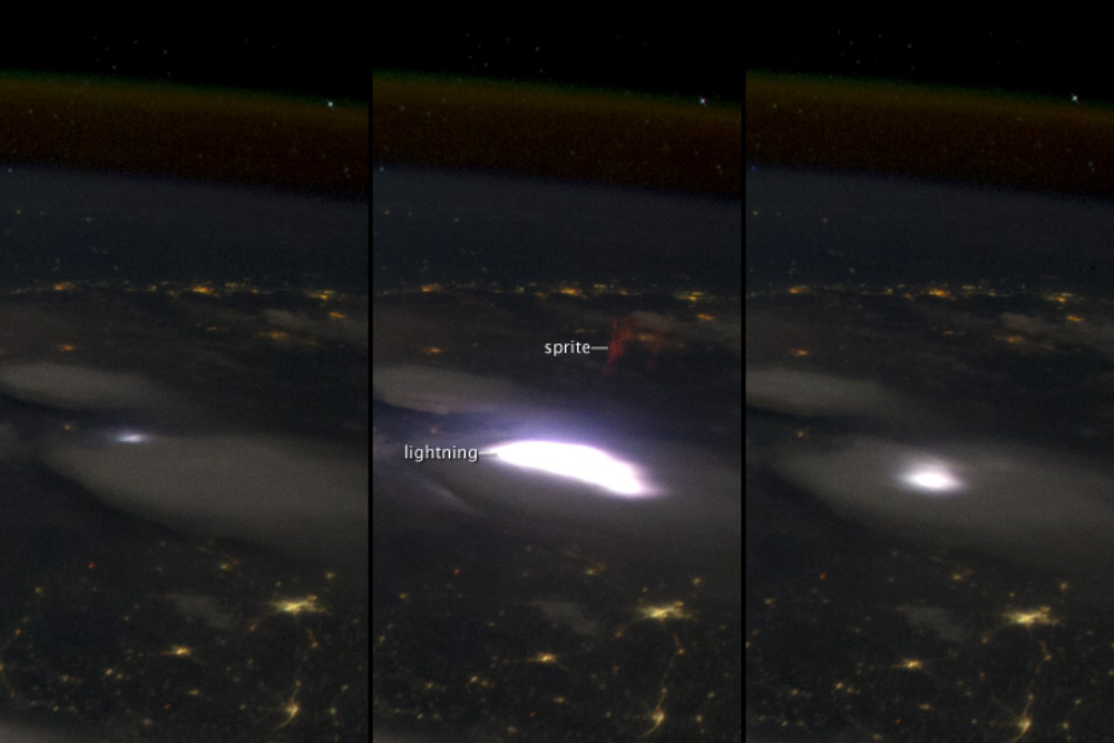 Three sequential photos from space showing a bright lightning flash and a red lightning sprite above clouds over city lights on Earth.